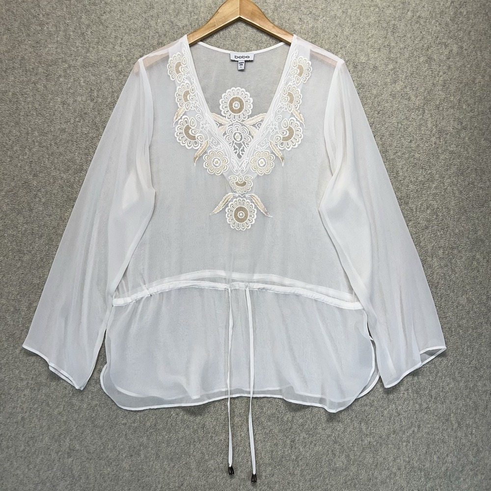 Bebe Womens Large Sheer Embroidered Boho Tunic Top‎ White Floral V Neck